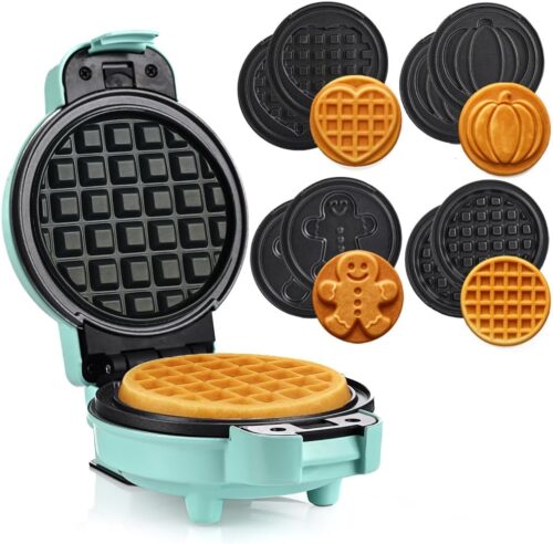 LEHMANN Mini Gaufrier avec Plaques Interchangeables, 4 formes Citrouille, Pain depices, Cœur et Classique, Revetement antiadhesif