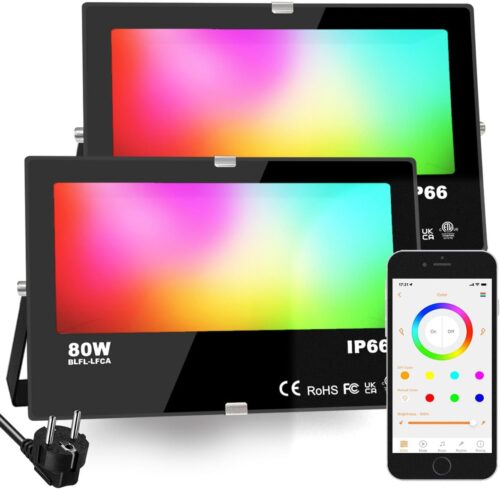 iLC RGB Projecteur LED exterieurs 80W, changement de couleur RGBW equivalent 800W, 16 million couleurs, Minuteur, Regroupement, 8000