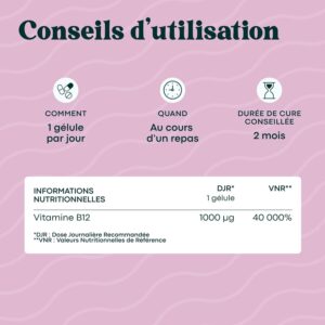 Vitamine B12 1000 µg Vegan 60 gél. 2 mois réduit la fatigue
