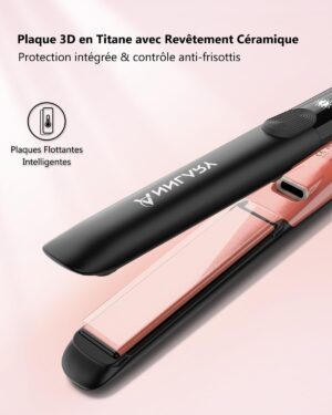 ANNLARY Lisseur Cheveux 2.5 cm, Lisseur Boucleur 2 en 1 Plaques Ceramique Ionique Titane, Double Tension (110-240V) pour Cheveux