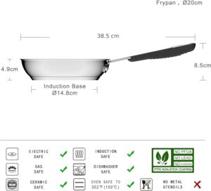 Amazon Basics Poele en acier inoxydable avec revetement antiadhesif - convient aux cuisinieres a induction, avec poignee confortable