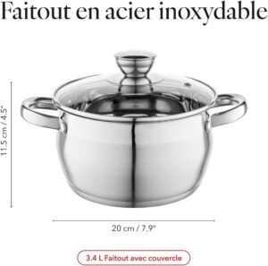 FLORINA Faitout Inox (3,4 l) I Diametre de 20 cm I Marmite Inox OLIVER I Casserole Acier Inoxydable avec Couvercle en Verre I Faitou