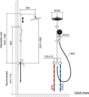 Colonne de douche Auralum réglable 1-1,4m mitigeur 3 jets