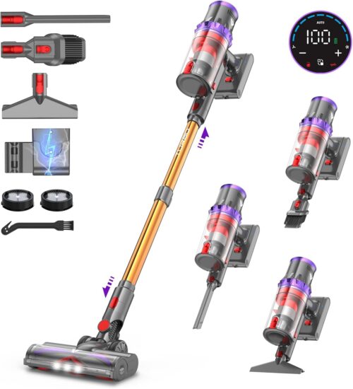 coovy SU7 Aspirateur Balai sans Fil 580W55Kpa75Mins, Aspirateur sans Fil Puissant, Chargement Mural, Ecrans Tactiles LED, 1,3L Cap