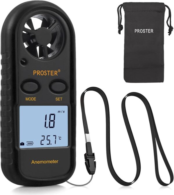 Proster Portable Digital LCD Anemometer with MaxMinAVG Digital Anemometer Wind Speed Measurement Air Flow Thermometer with Backlig