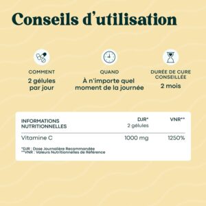 Vitamine C 1000mg, Reduit la Fatigue et Soutient le Systeme Immunitaire, Cure de 1 mois, 60 Gelules Vegetales, 100 Acide Ascorbique