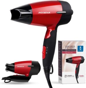Aigostar Linda 32GQT - 1500W double voltage seche-cheveux compact de voyage avec manche pliable, 2 vitesses, protection contre la su