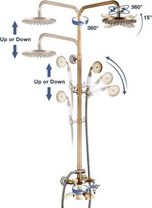 SINKTORY Retro Brass Shower Column with Mixer, Shower System Shower Set Wall Mounted Shower Kit with 20 cm Shower Head, Shower, Bath