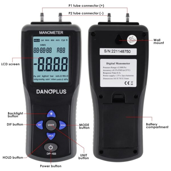 Digital Gas Pressure Tester HVAC Differential Pressure Gauge with Backlight Data Logging Function