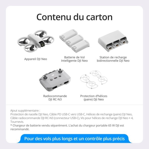 DJI Neo Fly More Combo polyvalent, Mini Drone avec camera 4K, drone autonome 135g, fonction follow me, demarrage manuel, suivi de sc