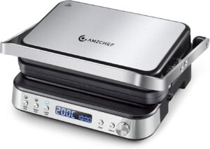 AMZCHEF Gril de contact multifonctionnel 4 en 1, Grille, Gaufrier SandwichMaker avec 4 plaques amovibles antiadhesives, temps et t