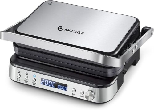 AMZCHEF Gril de contact multifonctionnel 4 en 1, Grille, Gaufrier SandwichMaker avec 4 plaques amovibles antiadhesives, temps et t