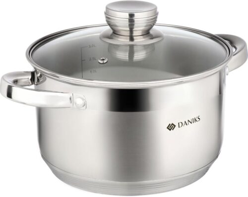 Daniks Standard Marmite Inox 20 cm 4 Litres, Faitout avec Couvercle en Verre, Tous Feux y Compris Induction, avec Echelle de Mesure,