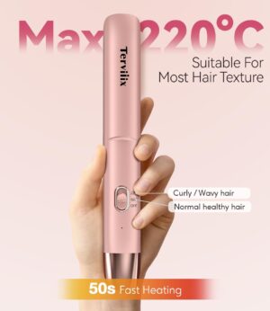 Portable Lisseur Sans Fil, Max 220C Mini Lisseur de Voyage, Fer a Lisser et Bigoudi Rechargeable 2 en 1 avec Infusion d'Huile d'Arg