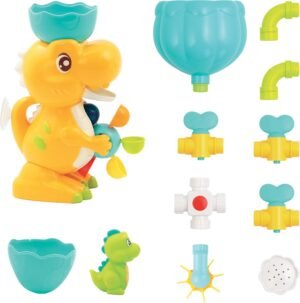 LUDI - Coffret de Bain Dino - 1 Circuit dEau a Construire, 1 Grand Dinosaure, 1 Bebe Dino Aspergeur - Jouet de Bain pour Bebe a Ven