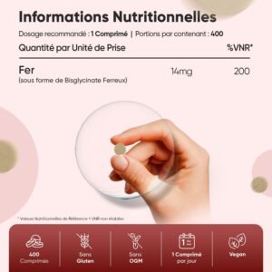 61T6YJbqX9L._AC_SL1500_.jpg Fer Bisglycinate 28mg - 400 Micro Comprimes Vegan - Fer Doux - Teste en Laboratoire - Contribue a la Formation Normale des Globules