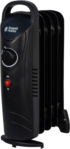 Radiateur a huile Russell Hobbs 650 W, radiateur electrique portatif a 5 ailettes, noir, thermostat reglable, coupure de securite, s
