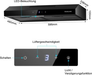 GASLAND Chef SR60BS 60 cm hotte aspirante silencieuse a air recycle 202 m3h, 3 niveaux Touch Control hotte aspirante en acier noir