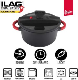 Faitout basse pression 4800 ml, Ø 24 cm, revetement anti-adhesif ILAG, pour induction et four, cuisson preserve les vitamines, poign