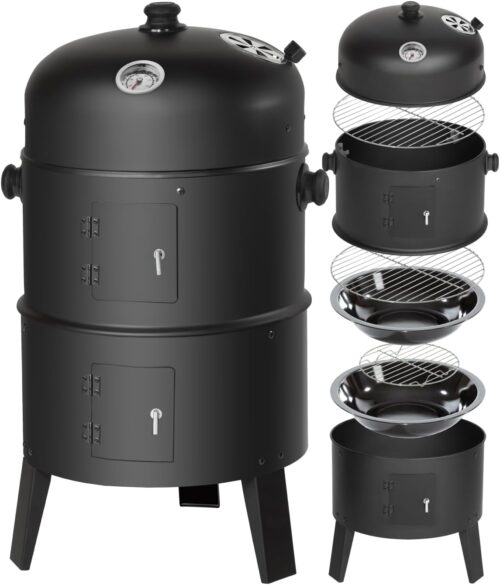 tectake Barbecue Grill XL BBQ a Charbon Smoker Fumoir Viande et Poisson 3 en 1, 3 etages avec Roues et Thermometre integre pour Cui