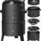 tectake Barbecue Grill XL BBQ a Charbon Smoker Fumoir Viande et Poisson 3 en 1, 3 etages avec Roues et Thermometre integre pour Cui