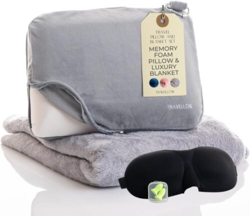 Travellow Ensemble Oreiller et Couverture de Voyage Kit de Voyage Ultime 4 en 1 avec Oreiller en Mousse a memoire de Forme, Couver