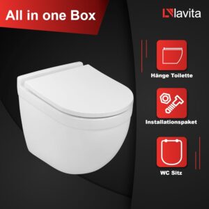 LAVITA Dalia Wall Mounted Toilet with Soft-Close Mechanism and Metal Hinges, Hanging Toilet without Rim, 360 x 520 x 410 cm, Glossy