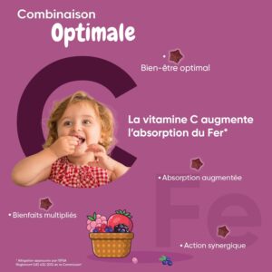 Gummies Fer avec Vitamine C - 120 Gummies Vitamine Enfant (4mois) de 3 a 12 ans - Gummies Enfant Vitamine C Acide Ascorbique Fer S