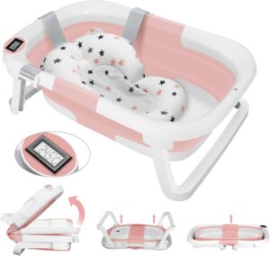 Baignoire bébé pliable avec thermomètre digital, coussin