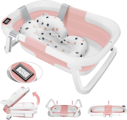 Baignoire Bebe Pliable avec Thermometre Digital, Baignoire Bebe avec Coussin Baignoire Bebe avec Prise Pommeau de Douche, Convient A