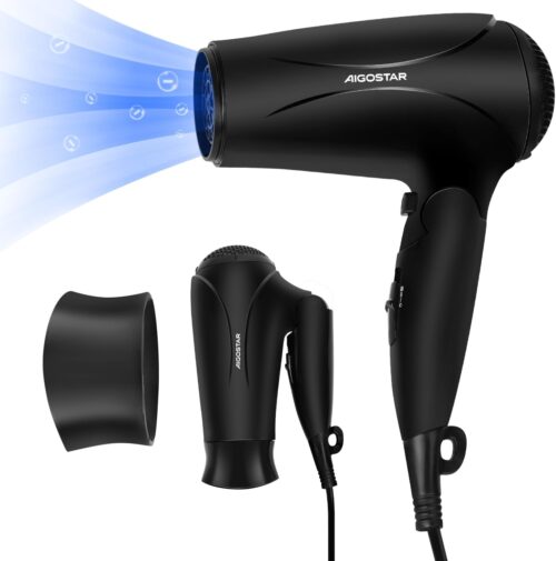 Aigostar Seche-Cheveux Ionique avec Manche Pliable, 3 Reglages de Temperature, Seche-Cheveux de Voyage Leger 2400W