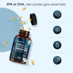 Omega 3 Huile de Poisson 400 Gelules pour 1 An d'Apport, Fish Oil Omega 3 EPA DHA sans Odeur, Selon l'EFSA, l'EPA et le DHA Contrib