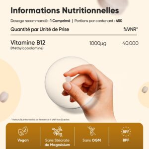 Vitamine B12 Vegan 1000 µg Méthylcobalamine 450 microcomprimés