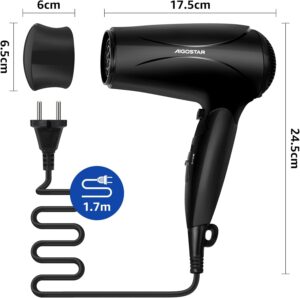 Aigostar Seche-Cheveux Ionique avec Manche Pliable, 3 Reglages de Temperature, Seche-Cheveux de Voyage Leger 2400W