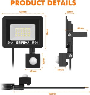 61dKnMrwk-L._AC_SL1500_.jpg GRIFEMA Projecteur LED Exterieur 20W, 2200LM, Detecteur de Mouvement Reglable, 6500K Blanc Froid, IP66 Etanche, Eclairage de Securit