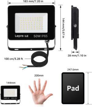 Lepro Projecteur LED Exterieur 50W 2 Pieces, 4250LM Spot Led , 5000K Blanc Froid , IP65 Etanche Eclairage de Securite, Projecteur po