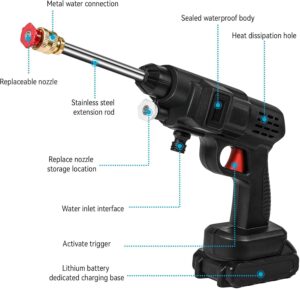 Nettoyeur Haute Pression sans Fil 50 Bar, Nettoyeur Haute Pression de 21 V avec 5m Tuyau et 2 Buse, 1200mahx5 Pistolet a Jet dEau e