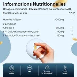 Omega 3 Huile de Poisson 400 Gelules pour 1 An d'Apport, Fish Oil Omega 3 EPA DHA sans Odeur, Selon l'EFSA, l'EPA et le DHA Contrib