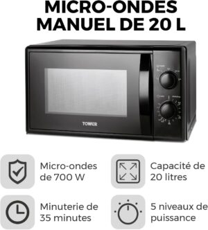Tower T24034BLK Micro Onde - Four Micro-Onde - Micro-Ondes Multifonctions Manuel 20 L, 700 W, avec 5 Niveaux de Puissance et une Min