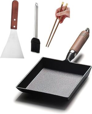 YYMIYU Tamagoyaki Poele a omelette japonaise en fonte avec poignee en bois 23 x 18 cm