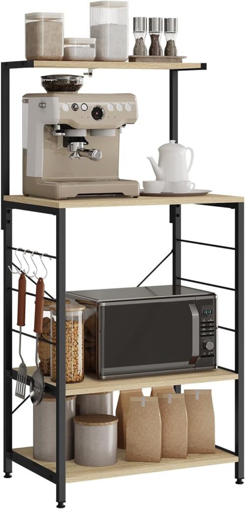 WOLTU Etagere Micro Onde, Meuble Cuisine Rangement, a 4 Niveaux, 4 Crochets, 60x40x123cm Noir Chene Clair