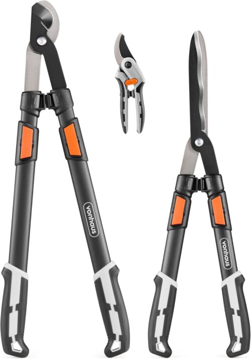 VonHaus Garden Shears Set of 3 - Branch Trimmer, Hedge Trimmer, Pruner - Extendable Telescopic Handles - Soft Grip - Lightweight Too