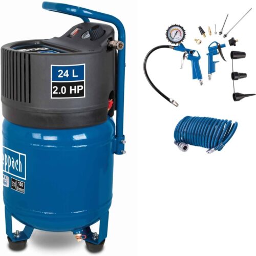 61mAk6AuR0L._AC_SL1500_.jpg Scheppach Vertical Air Compressor HC24V 1500 W 24 L Tank Pressure 10 Bar Suction Power 180 Lmin Oil Free Pressure Gauge