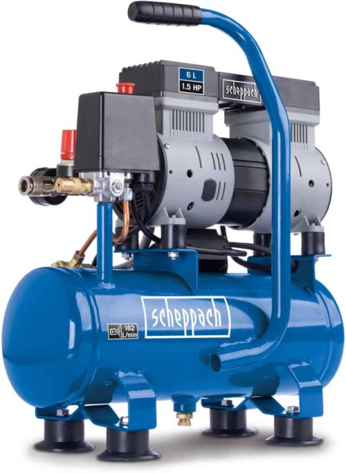 Scheppach HC08Si Ultra Quiet Compressor 8bar 6L Tank 1.5 HP 1100 W Oil Free Low Maintenance Suction Flow 162 Lmin S
