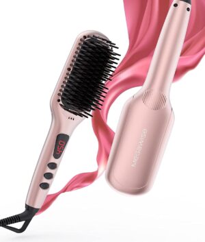 Lisseur a cheveux Megawise (2025) avec brosse en ceramique ; Fer plat double tension anti-brulure Cordon rotatif Arret automatiq