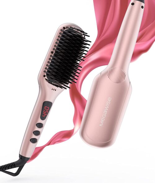 Lisseur a cheveux Megawise (2025) avec brosse en ceramique ; Fer plat double tension anti-brulure Cordon rotatif Arret automatiq