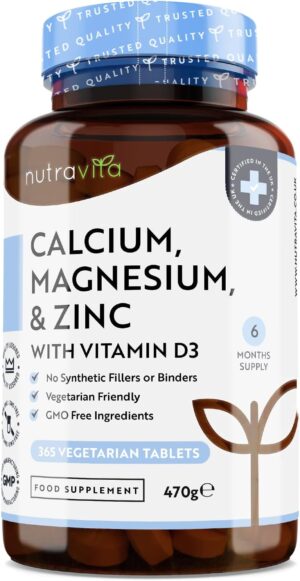 Calcium, magnesium, zinc enrichi en vitamine D3 - Supplement de haute resistance 365 comprimes vegetariens Offre de 6 mois Fab
