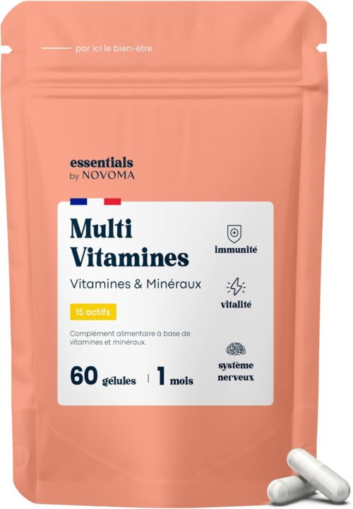 Multivitamines et Mineraux, 15 Nutriments Essentiels, Vitamines A B C D E Magnesium Zinc, Immunite Energie, 60 gelules Vegan,