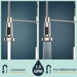 FORIOUS Robinet Cuisine, Mitigeur Cuisine Avec Douchette Pivotant a 360 d'Evier a Arc Eleve Pulverisateur Escamotable 2 Modes, Acie