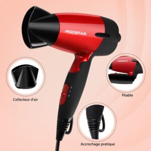 Aigostar Linda 32GQT - 1500W double voltage seche-cheveux compact de voyage avec manche pliable, 2 vitesses, protection contre la su